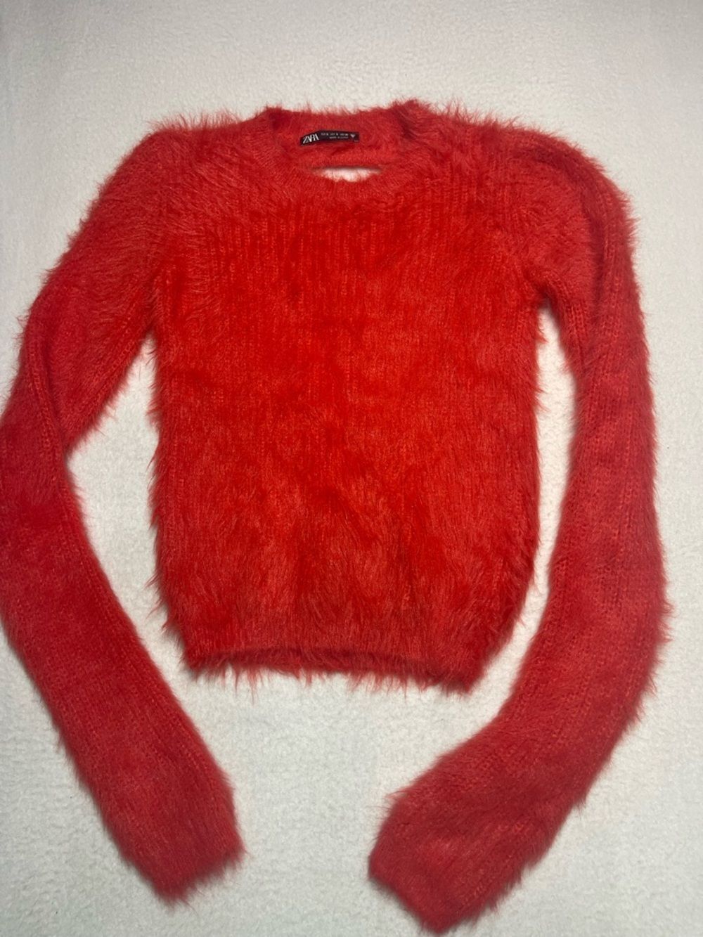 Zara Reddish Orange Fuzzy Eyelash Knit Sweater Women’s Small